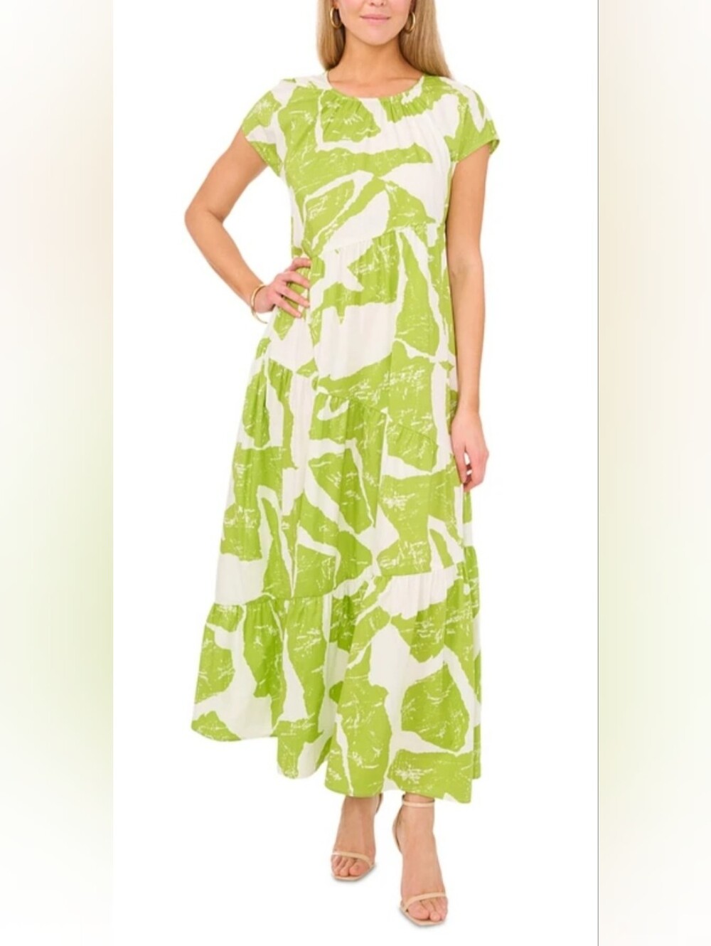 1. State Cap Shoulder Lime Green Print Cotton Maxi Dress with Diagonal Tiers, S